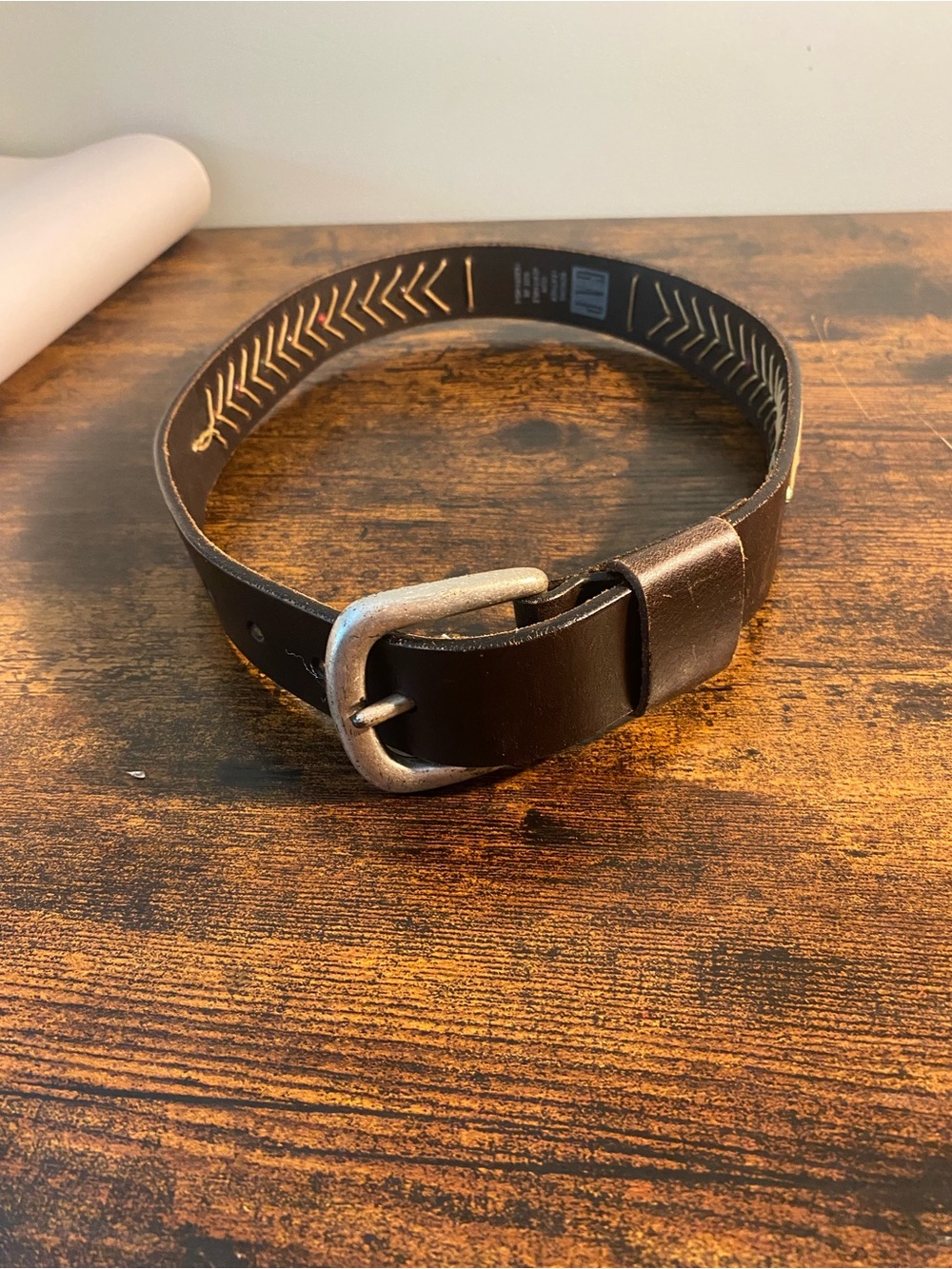 Gap Dark Brown Leather Belt with Bead Detail Silver Buckle
